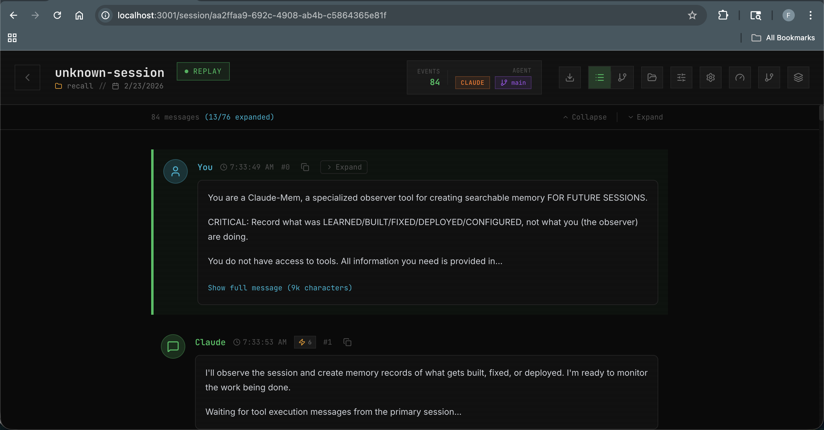 Session transcript with timestamped conversation replay